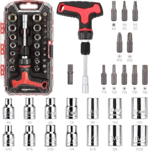 Amazon Basics 27-delige ratelschroevendraaierset met magnetische T-greep en koffer