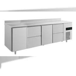 Gastro Kühltisch 2 Türen links&mittig je 2  Schubladen mittig&rechts Umluftkühlung Aufkantung, 2330x700x850mm -2/+8°C