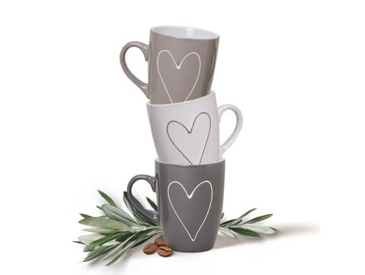 Tassen 36er Set Herz in weiß beige grau - Keramik Kaffeetassen in 250ml für Tee Kaffee Cappuccino - Moderne Kaffeebecher spülmaschinenfest und mikrowellengeeignet als Geschenk
