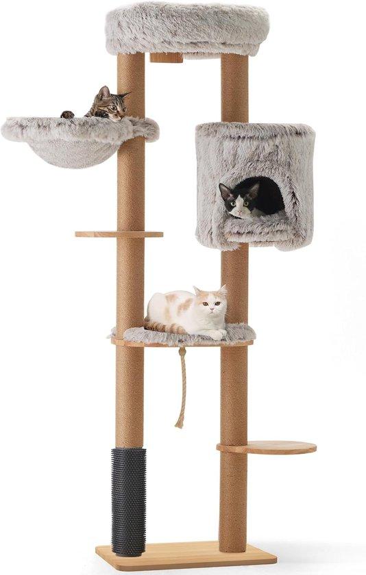 Famanu Kratzbaum für Katzen - Spielmöbel mit Wandmontage - 188 cm hoch - Hellgrau
