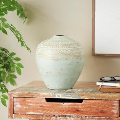 ARCILLA ELEMENTAL Green Ceramic Handmade Antique Style Wide Rounded Decorative Vase with Geometric Tribal Carvings