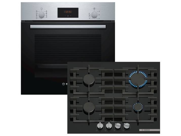 BOSCH Backofen-Set Schnellaufheizung Teleskopauszug + Gaskochfeld FlameSelect autark 60cm