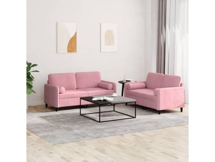 HEFZGDB 2-TLG. Sofagarnitur mit Kissen Rosa Samt, Weiches Samtbezug und Robustes Metallgestell für Langlebigkeit, Bequeme Polsterung und Praktische Rollkissen für Entspannung, Ideal