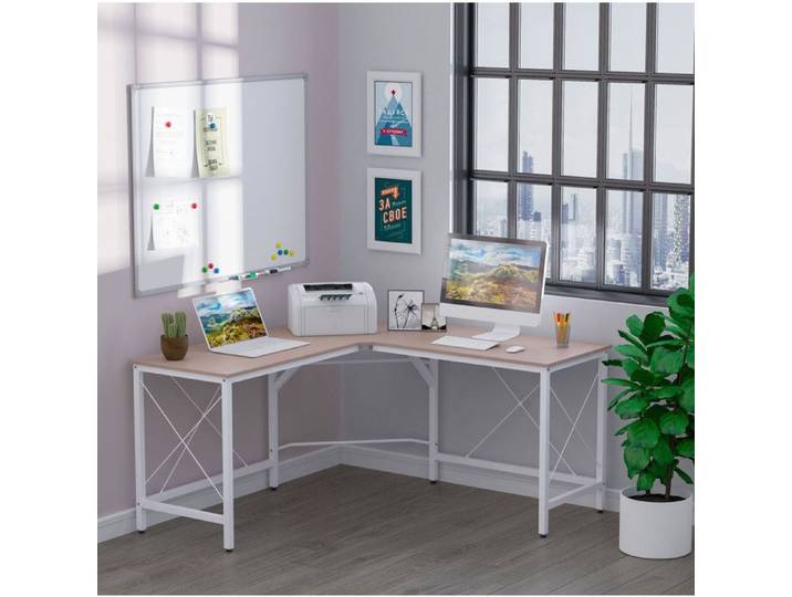 Bureau d'Angle en L 150×150 cm avec Pieds Réglables - BEAUNIV - MDF Mélaminé et Acier Bureau Naturel