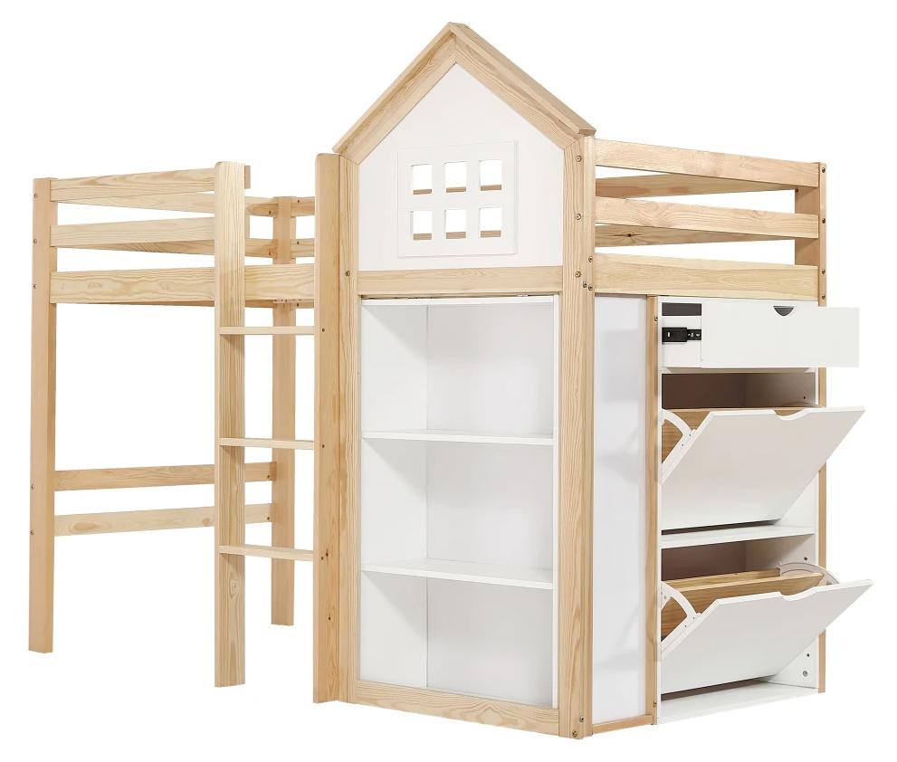 Kinderhochbett - Hochbett 90 x 200 cm - Stauraum - Schubladen - Stabile Treppe - Sicherheitsgeländer - Weiß/Natur