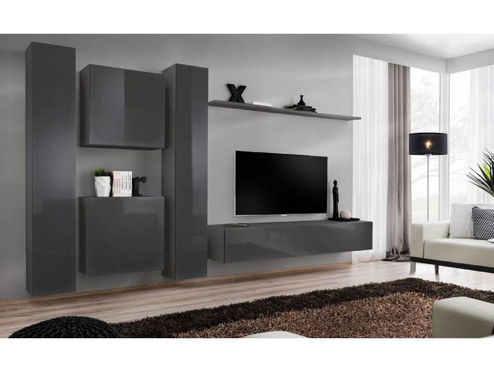 JVmoebel Wohnwand Graue Designer-Wohnwand aus Holz mit elegantem Finish, (7-St., Wohnwand + TV Ständer + 4x Wandschrank + Wandregal), Made in Europa