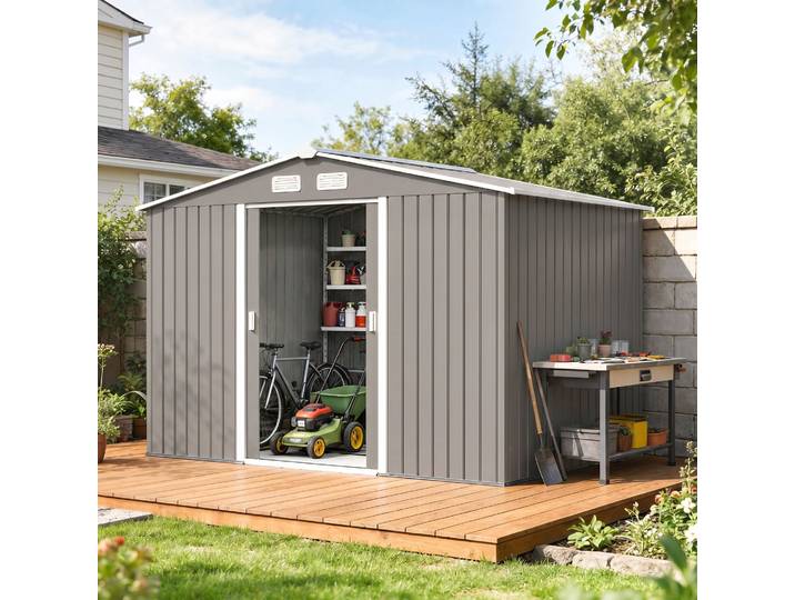 Outsunny Abri Jardin 5,4m² Tôle Acier Gris Ventilation Porte Coulissante