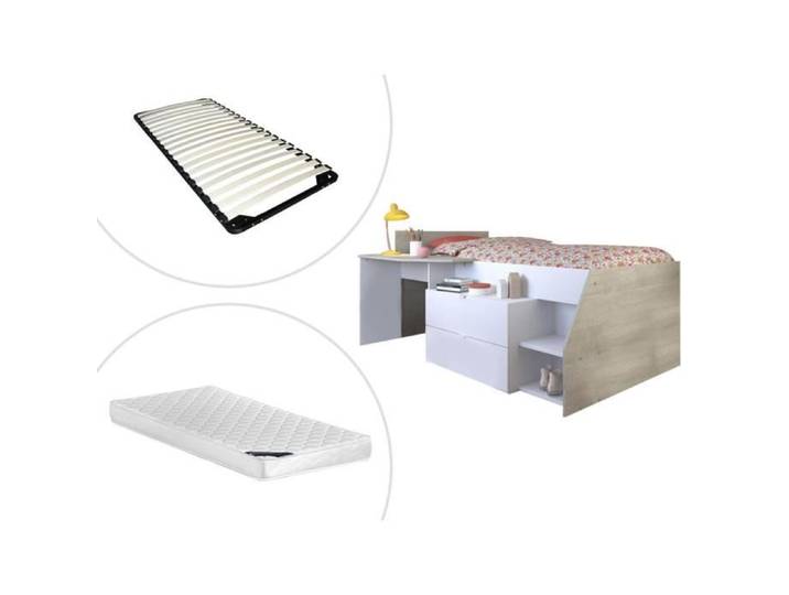 Lit avec bureau et rangements - 90 x 190/200 cm - Blanc et naturel + Sommier + Matelas - GISELE