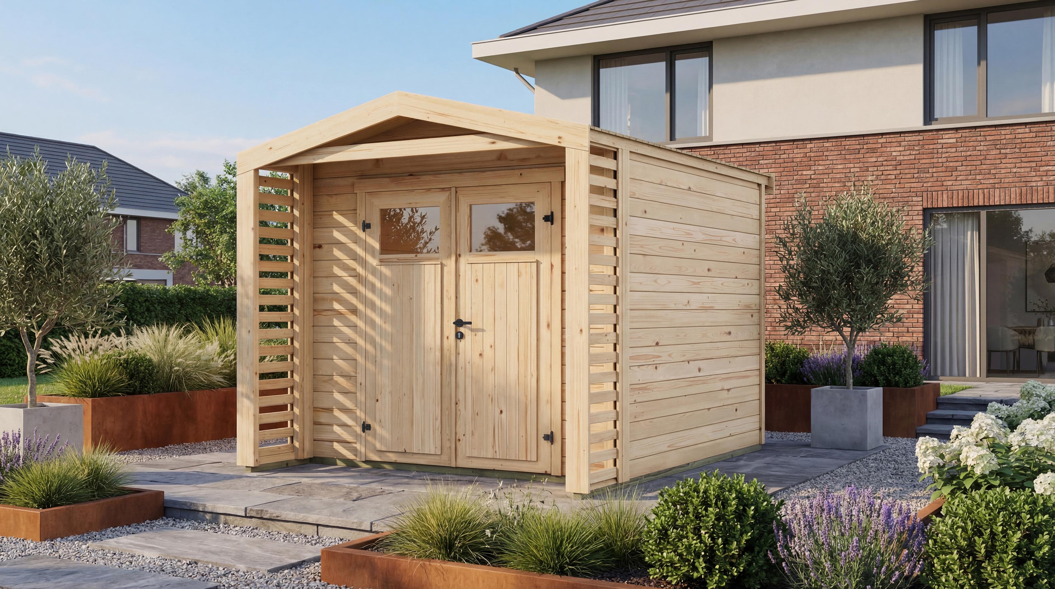 Gartenhaus Killarney, 250x250cm, Naturbelassen, 28mm, Rhombusvordach