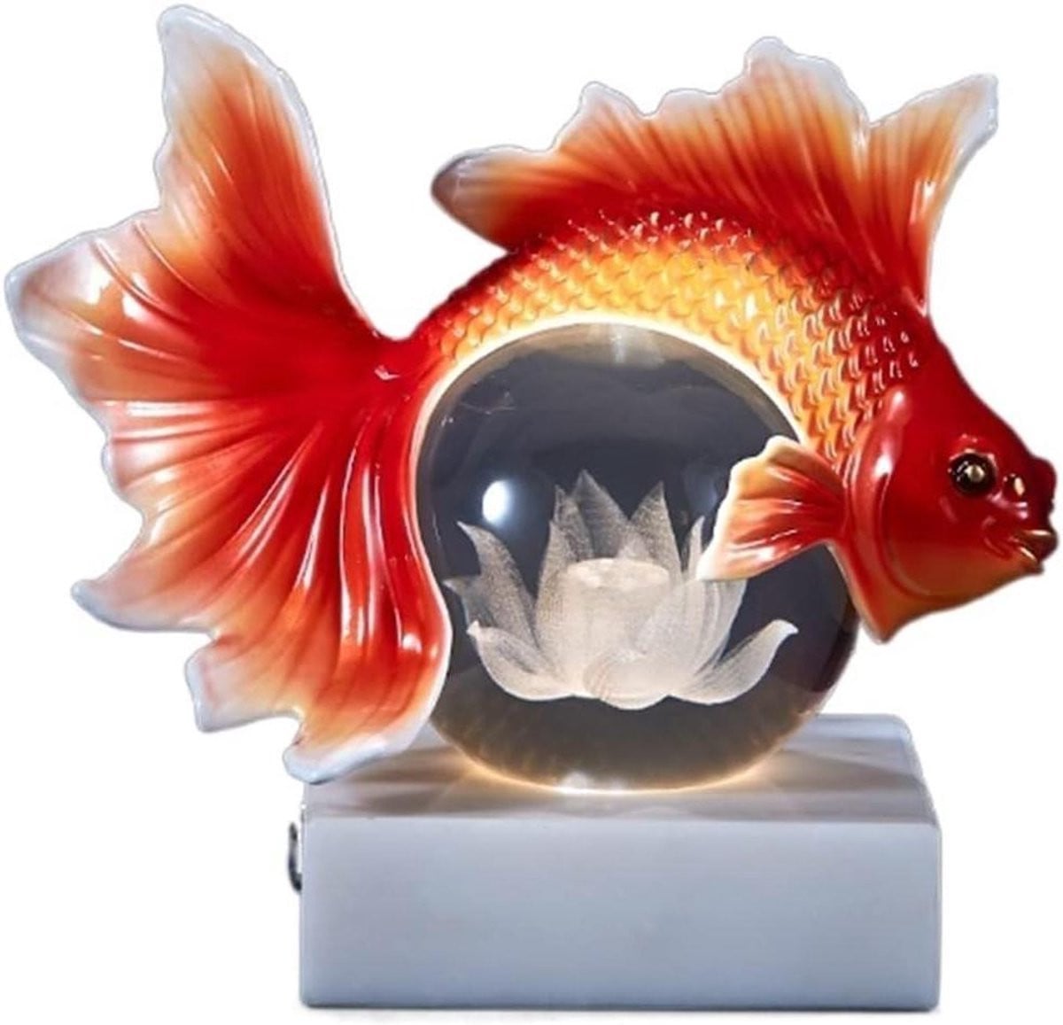 Decoratie Dier Standbeeld met Glazen Bol en Sfeervolle Verlichting op Marmeren Basis - Goudkleurig