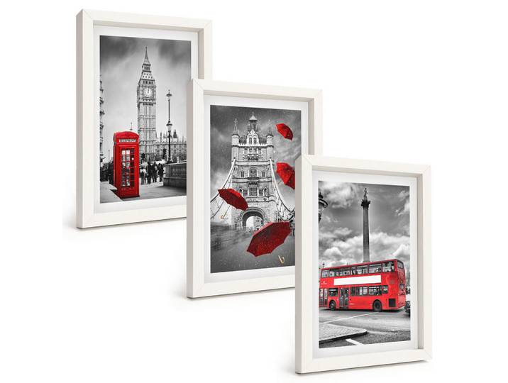 Tulup Bilder SET 3er Set - 20x30 cm Weißer Rahmen - Roter Regenschirmstand und Londoner Bus, Kunststoff, Rechteckig, 20x30 cm, einfache und schnelle Anbringung, Bilder & Rahmen, Bilder