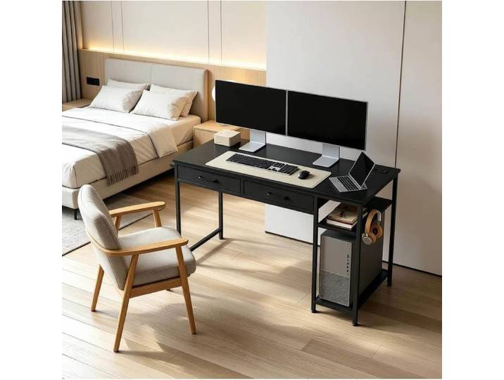 MEULVA Bureau informatique 120 cm noir avec 2 tiroirs étagère latérale et station de charge