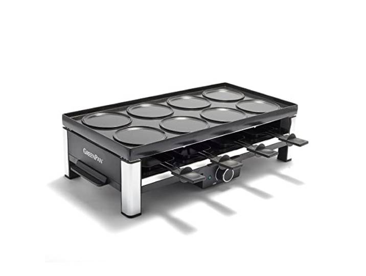 GreenPan Bistro Gesundes PFAS-freies Antihaft-Raclette Grill Elektrisch Tischgrill für 8 Personen,Wende 3-in-1 Grill,Griddle & Pfannkuchenpfanne,Inkl. 8 Antihaft-Minipfannen & Spatel,Spülmaschinenfest