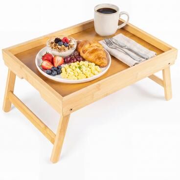 Jonathan Y Designs happimess Alora 16 in. W x 11.7 in. D Handcrafted Bamboo Breakfast Bed Tray with Built-In Handles and Foldable Legs