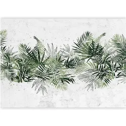 Artgeist, Tapete, Fototapete - Jungle and green plume - large tropical leaves on a white background (450 x 315 cm)