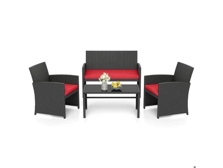 GIANTEX Salon de Jardin Exterieur en Rotin PE 4 Pièces Canapé 2 Places 2 Fauteuils Table Basse avec Plateau en Verre Rouge