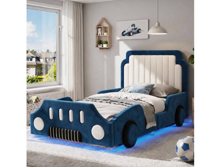 REDOM Kinderbett Retro-Auto-Bett – Samtbezug & abgerundete Kanten (Packung, Blau, 90×200 cm, Samt, mit Matratze, für sicheres Schlafen), LED-Licht, gepolsterte Gitter, sicheres Design