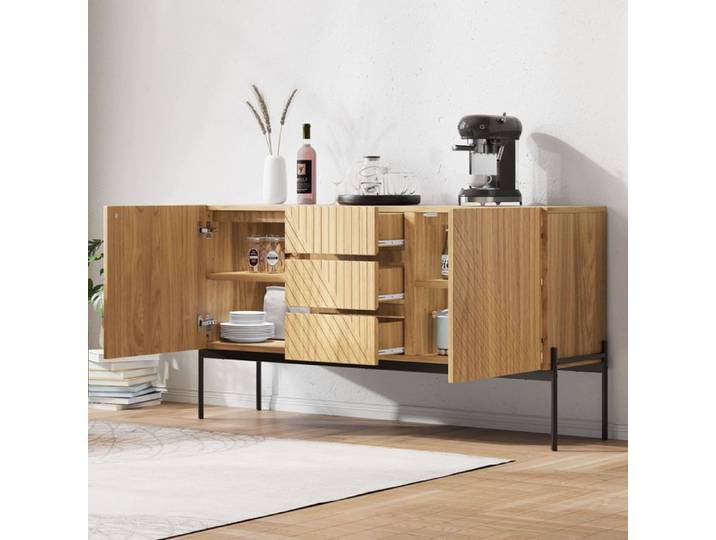 Buffet - MODERNLUxE - Moderne - 150x40x75cm - 2 portes 3 tiroirs - Pieds métal - Naturel