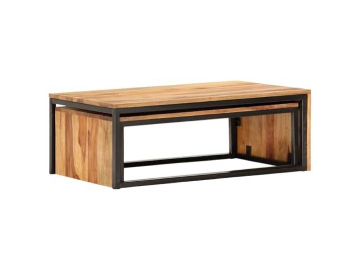 KKgypkn Akazie Holz Couchtisch Set 2 STK Massiv Ineinander Schiebbar, Pulverbeschichteter Stahl, Beistelltisch, Wohnzimmertisch, Vintage Design