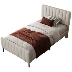 Polsterbett 90x200 cm mit höhenverstellbarem Kopfteil – Komfort für modernes Schlafzimmer, Grau-Beige, Massivholz, Metall, Leinen