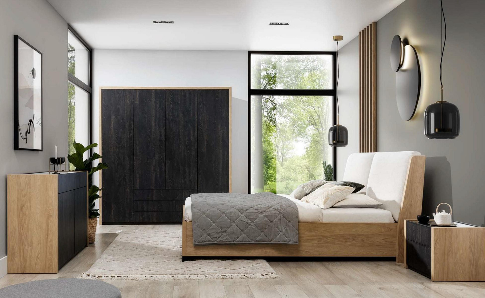 Moderne zwarte houten kledingkast voor de slaapkamer met draaideuren