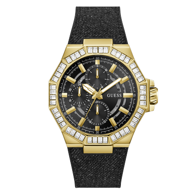Multifunktionsuhr GUESS "ENERGY", gold (schwarz, schwarz), Armbanduhren, Herren, goldfarben, Quarzuhr, Armbanduhr, Herrenuhr, Silikonarmband, analog