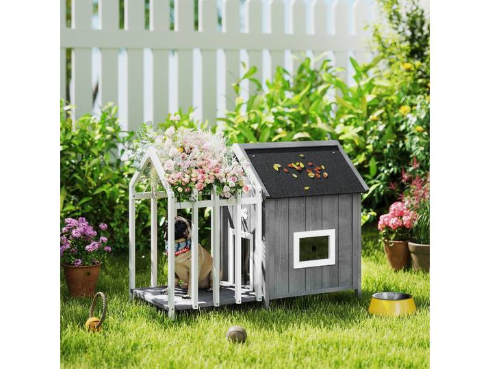 PawHut Niche Extérieur Bois avec Terrasse Gris 106x62,5x80,5 cm