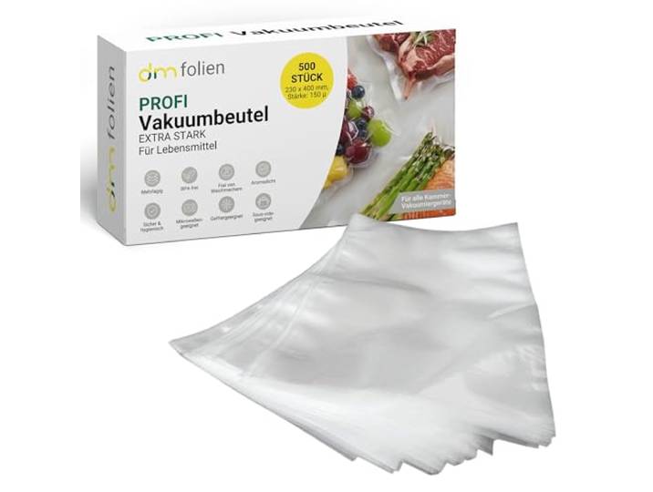 dm-Folien PROFI Vakuumbeutel 500 Stück I 230 x 400 mm I Glatte, extra starke Beutel für Kammer-Vakuumiergerät I Stärke 150 µ I Lebensmittelkonform, mikrowellen- & kochgeeignet