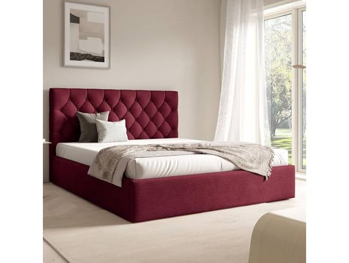 FURNISTAR Polsterbett BEA IV mit Bettkasten, Bett 140x200, Doppelbett mit Stauraum und Lattenrost, Boxspringbett-Optik, Hotelbett, ohne Matratze, Schlafzimmer - Weinrot