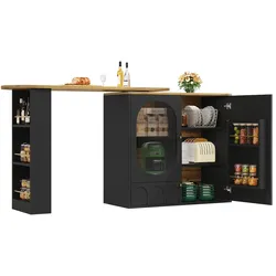 OKWISH Bartisch Stehtisch Kücheninsel 204x39x105 cm drehbar 360 Grad mit 3 Türen Stauraum MDF Metall Schwarz mit Glasdetail