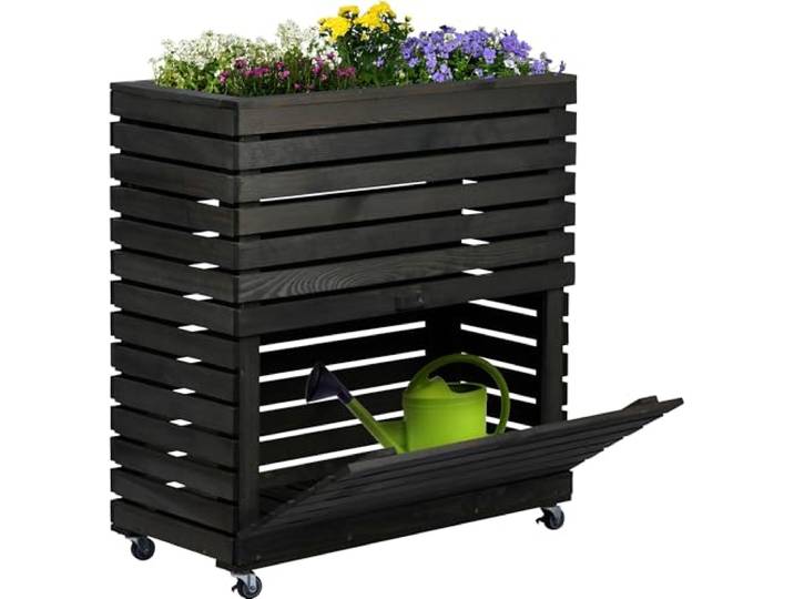 dobar® Großes Hochbeet Rolla aus Massivholz Gr. L mit Rollen - Erhöhtes Beet mit Staufach - 72 x 32,5 x 78 cm - Anthrazit