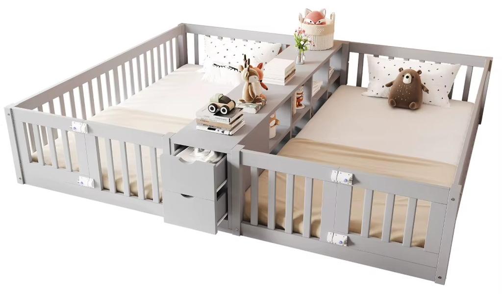 Kinderbett aus Holz - Einzelbett 90x200 cm - Aufbewahrungsschublade - Zwei Ablagefächer - Hohes Rundum-Schutzgitter - Platzsparend - Grau