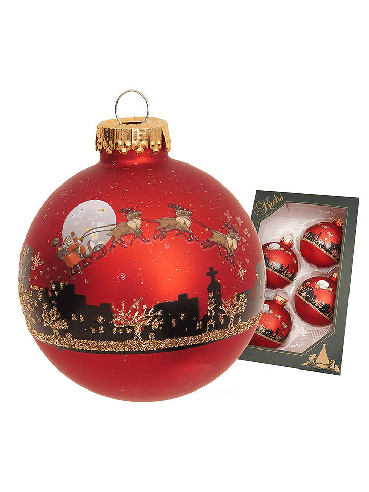 Krebs Glas Lauscha Christbaumkugeln "Santa mit Rentieren" in Rot - 4 Stück - Ø 7 cm - onesize