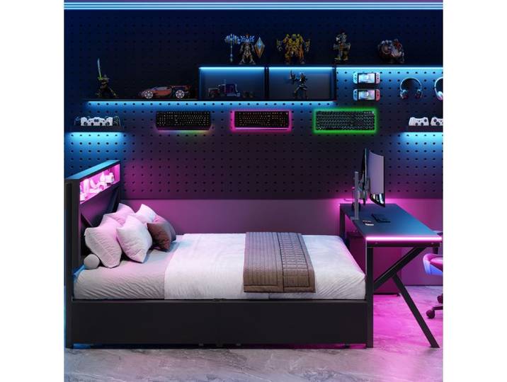 ROVRYN Lit plateforme gaming 140 x 200 cm métal tête de lit et bureau LED 2 tiroirs noir