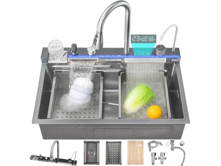 Ribanedy 85cm Smart Digital Display Wasserfall Spüle, 304 Edelstahl Moderne Küchenspüle mit 5 Wasserauslassmodi, Wasserfall Ausziehbarer Wasserhahn, Tassenwaschbecken und anderes Spülbeckenzubehör-Set