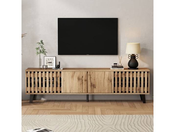 Meuble TV 180x40x55cm support TV bois naturel 8 compartiments de rangement séparés pour adaptée aux téléviseurs jusqu'à 70 pouces