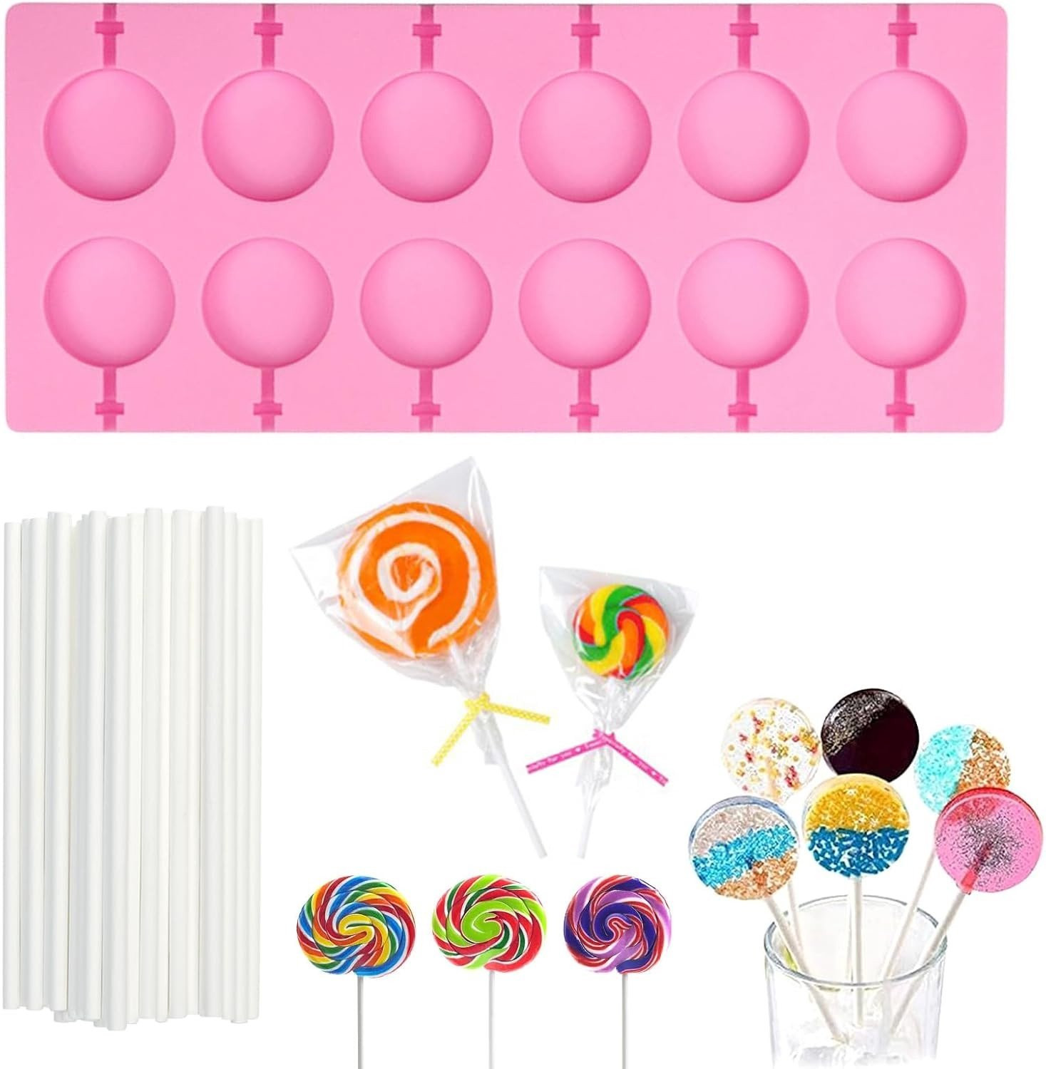 Siliconen Lollipop Vormpjes voor 12 Ronde Snoepjes met 20 Stokken