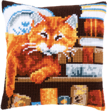 Kreuzstichkissen "Katze auf Bücher"