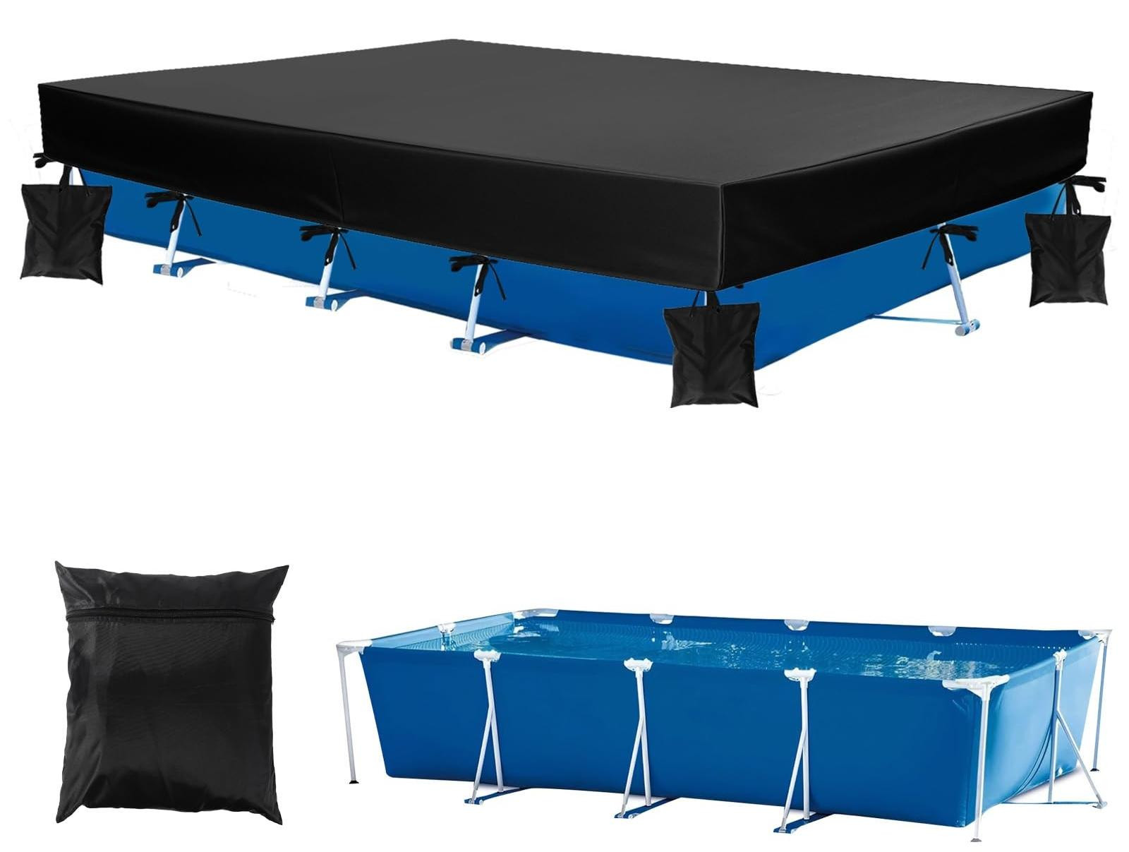 Merkloze rechthoekige zwembadafdekking met zandzakken, 450 x 220 cm
