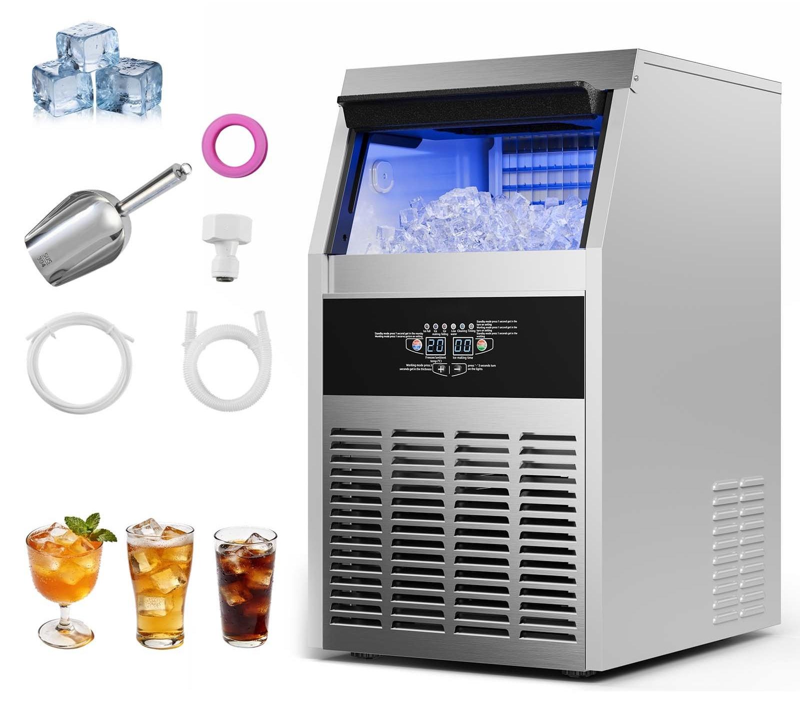 Eiswürfelmaschine - Gewerblicher Eisbereiter Freistehend - 59 kg/Tag Produktion - 14 kg Vorratsbehälter - Edelstahl - LED-Anzeige - Selbstreinigung