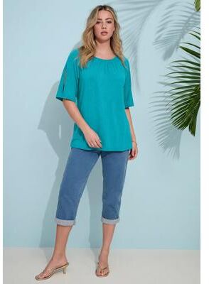 Plus Size Women's Plus Size Shirred Scoop Neck Split Bell Sleeve Tee by Roaman's in Vibrant Turq (Size 22/24)