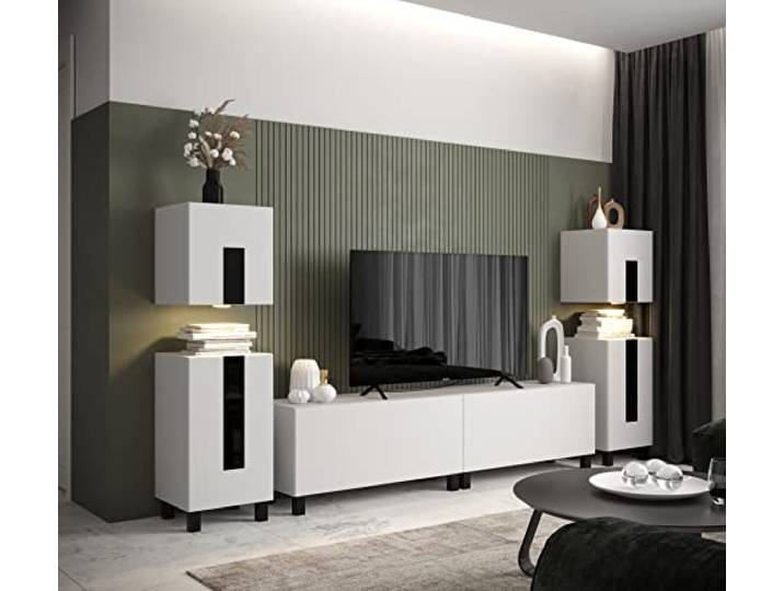 Furnitech Wohnwand Wohnzimmer Wohnzimmer Möbel mit LED Weiß Hängend Wohnwand Modern Wohnzimmer Schrankwand mit Regale und TV Schrank (Future C94-22W-FB-M4-1A)