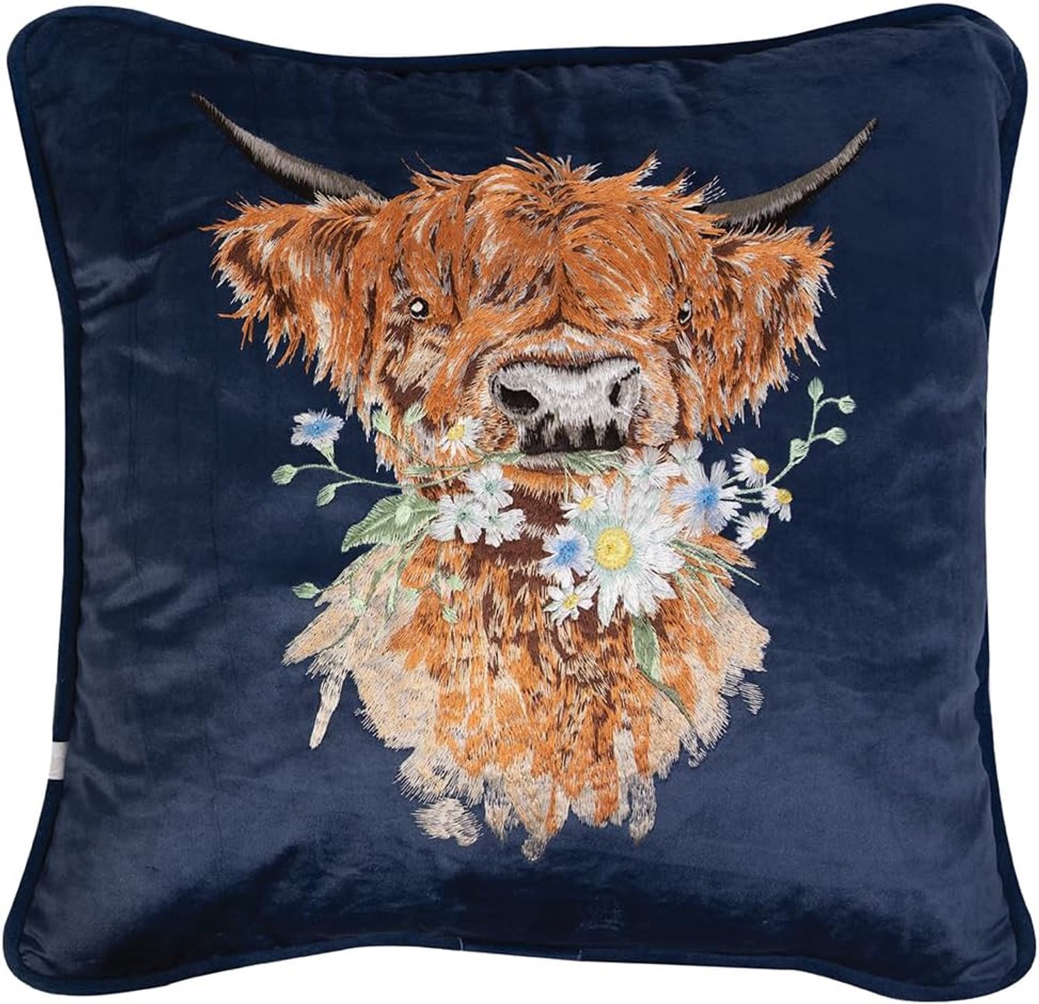 Wrendale Designs Daisy Coo Highland Koe Kussen met borduursel en veren vulling