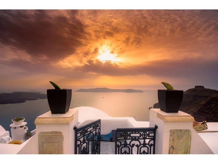 Fototapete PAPERMOON TERRASSE-SANTORINI SEE MEER STRAND PALMEN DÜNEN SCHIFFE , bunt, B:4m L:2,6m, Vlies, Tapeten, Fototapete