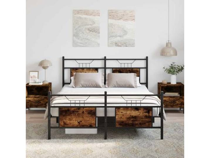 Stabiles Stahlgestell mit Stauraum Schlafzimmeroptimiert 140x200 cm Braun Bettgestell ohne Matratze Räuchereiche 140x200 cm Holzwerkstoff Metallbett mit Lattenrost Kopfteil Stauraum Stabil