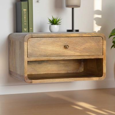 ZWYO HOSIMU "17.72""L Solid Mango Wood Floating Curve 1-Drawer Nightstand with Open Shelf, Oak-ish Finish Wall-Mounted"