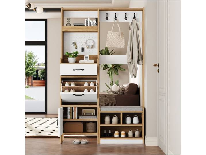 Meuble d'entrée range-chaussures avec banc porte-manteau tiroir abattant porte et rangements 108 5x35x180 cm ORVRYN