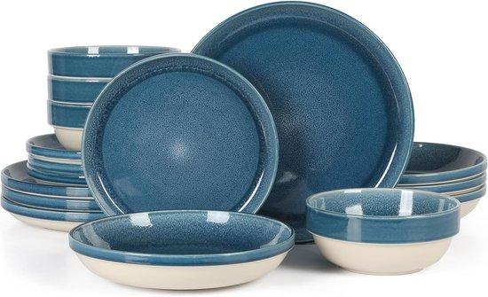 Famanu Steingut Geschirrset 16-teilig mit doppelten Tellern und Schalen, reactive Glasur