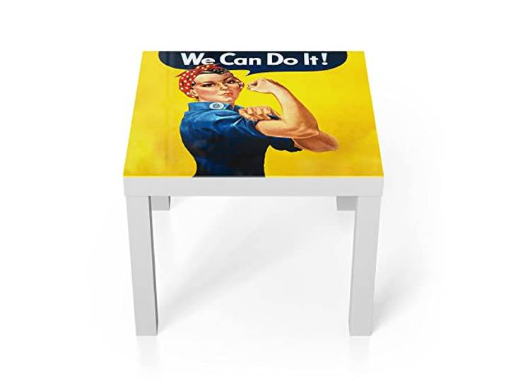 DEQORI Glastisch weiß klein 55x55 cm Motiv Rosie die Nieterin ausgefallener Beistelltisch aus Glas Hochglanz Couchtisch fürs Wohnzimmer moderner Couch Tisch mit Design