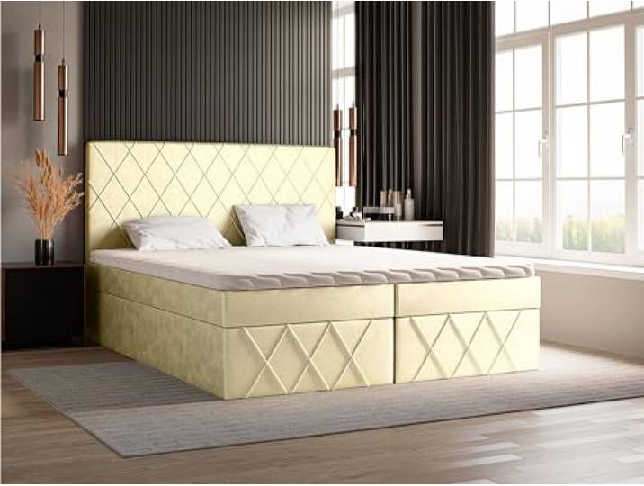 Emporius Boxspringbett 160x200 Pesto - Doppelbett mit Bettkasten, Bonell-Matratze, Topper - Modern Design - Beige (Amor Velvet 4323)